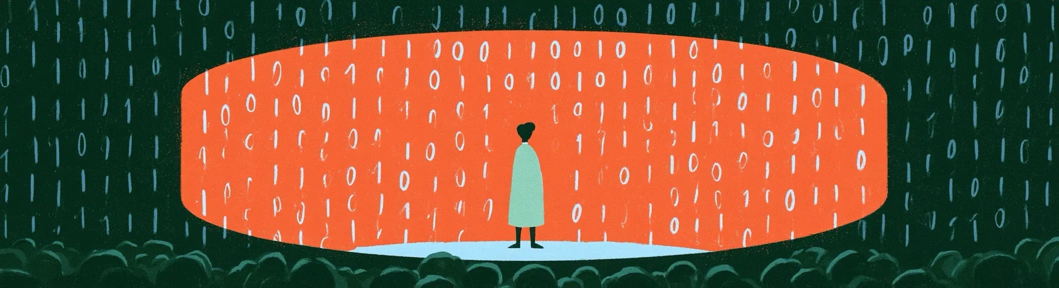 A figure standing inside a ring of binary digits