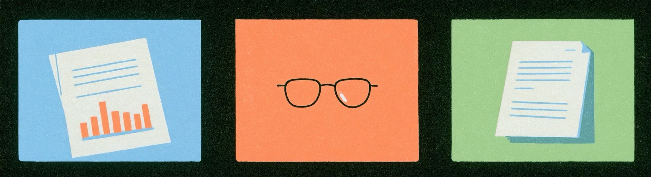A report, reading glasses and a document side by side